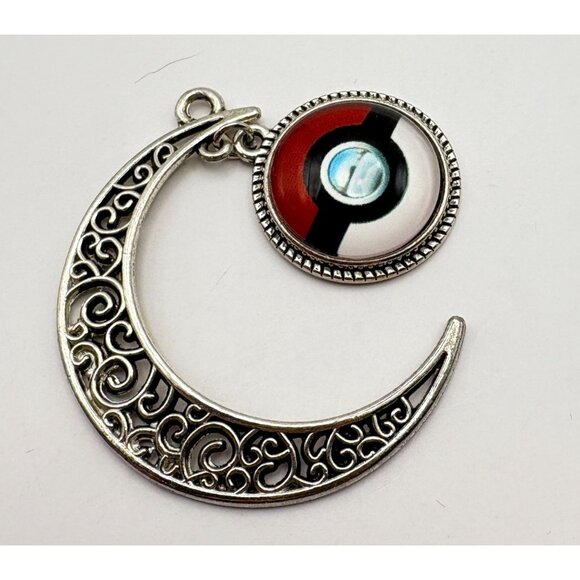 Pokeball Inspired Crescent Moon Pendant Silver Tone Pokemon Gaming Celestial - Picture 4 of 6